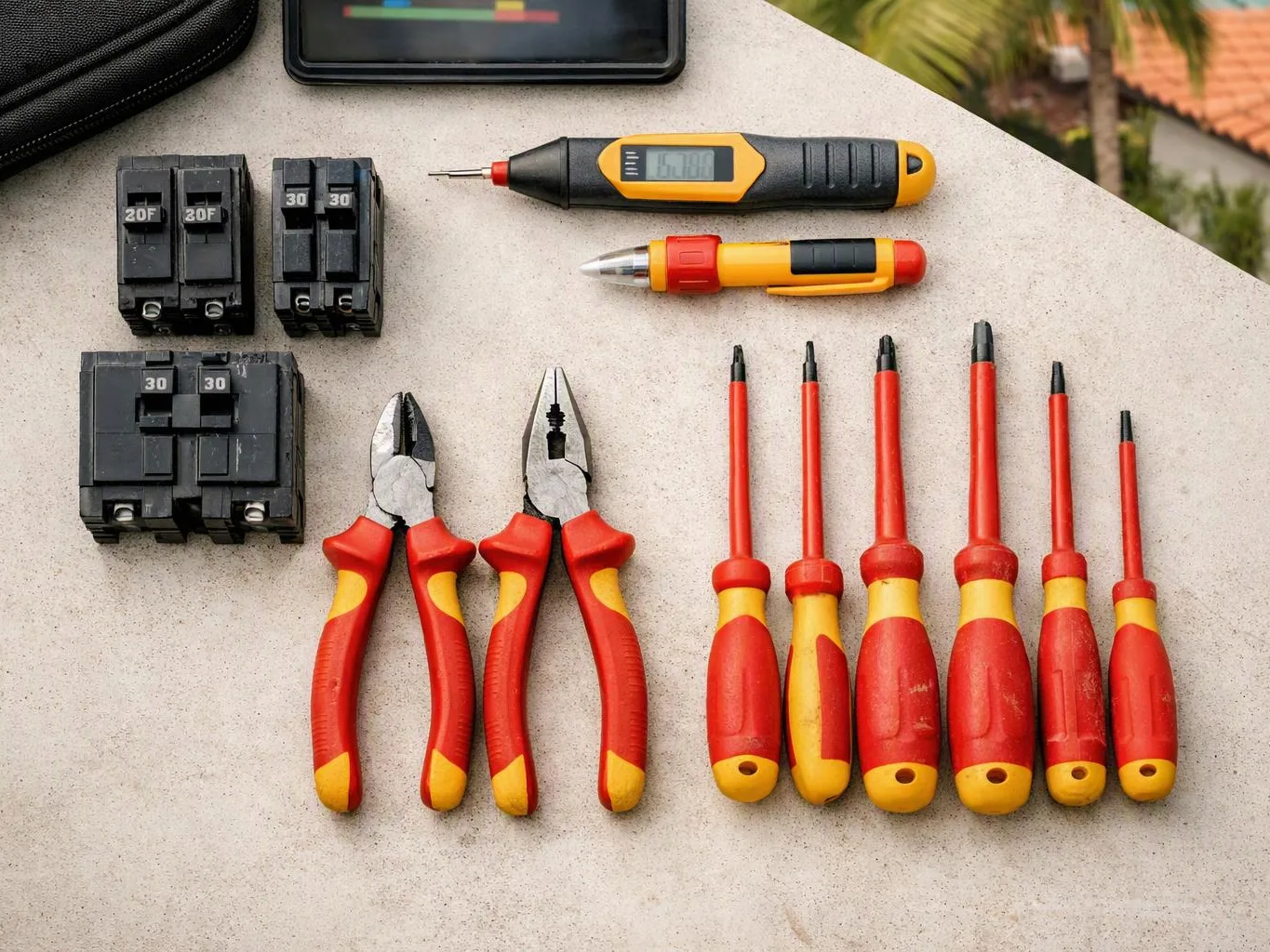 Assorted insulated electrical tools, circuit breakers, pliers