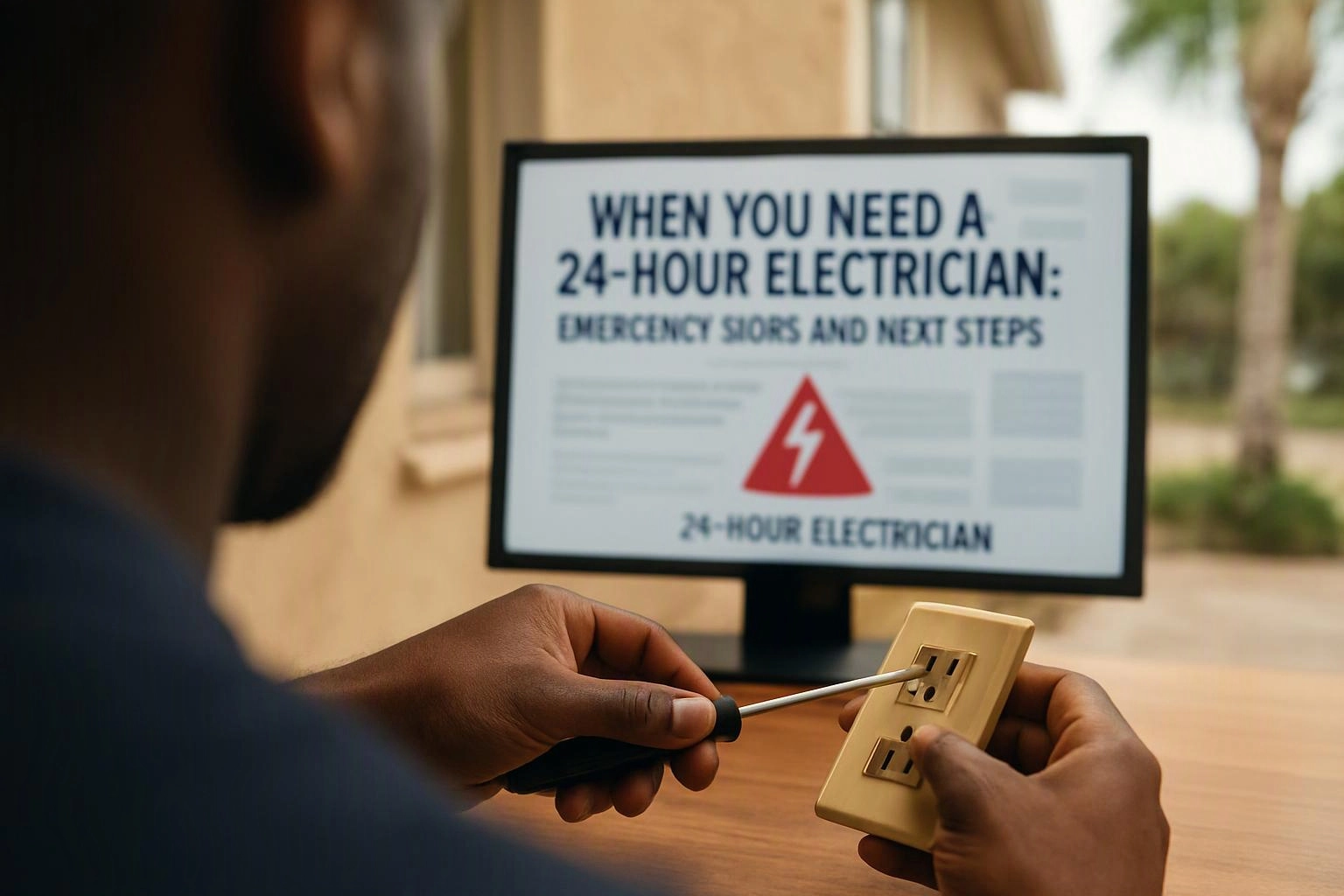 A person tests an outlet with a screwdriver while a monitor shows a 24-hour electrician safety guide