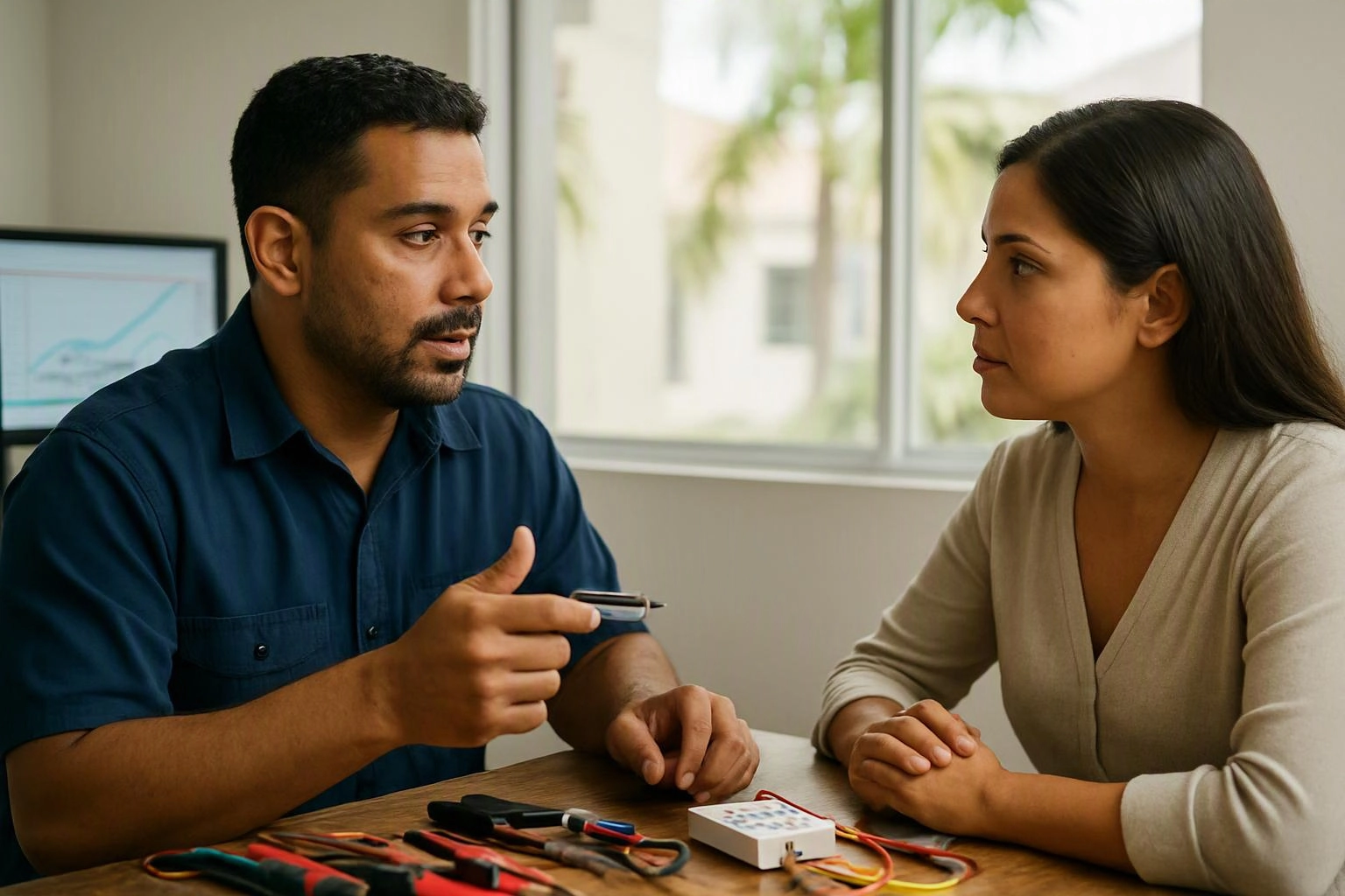 Two people sit at a desk, talking over tools and wires in a bright office