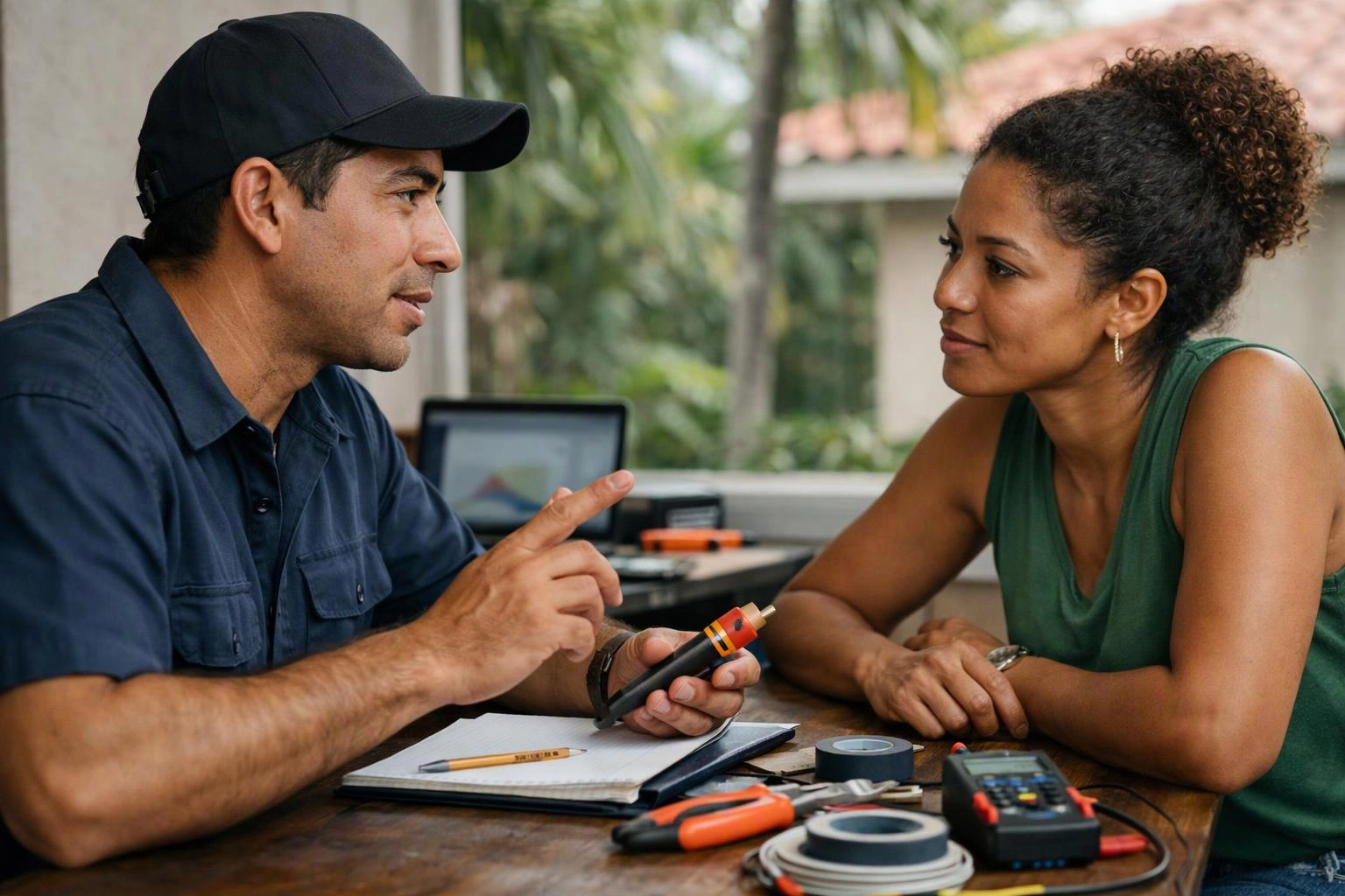 A man explains a tool to a woman at a table with notebooks and electrical items indoors