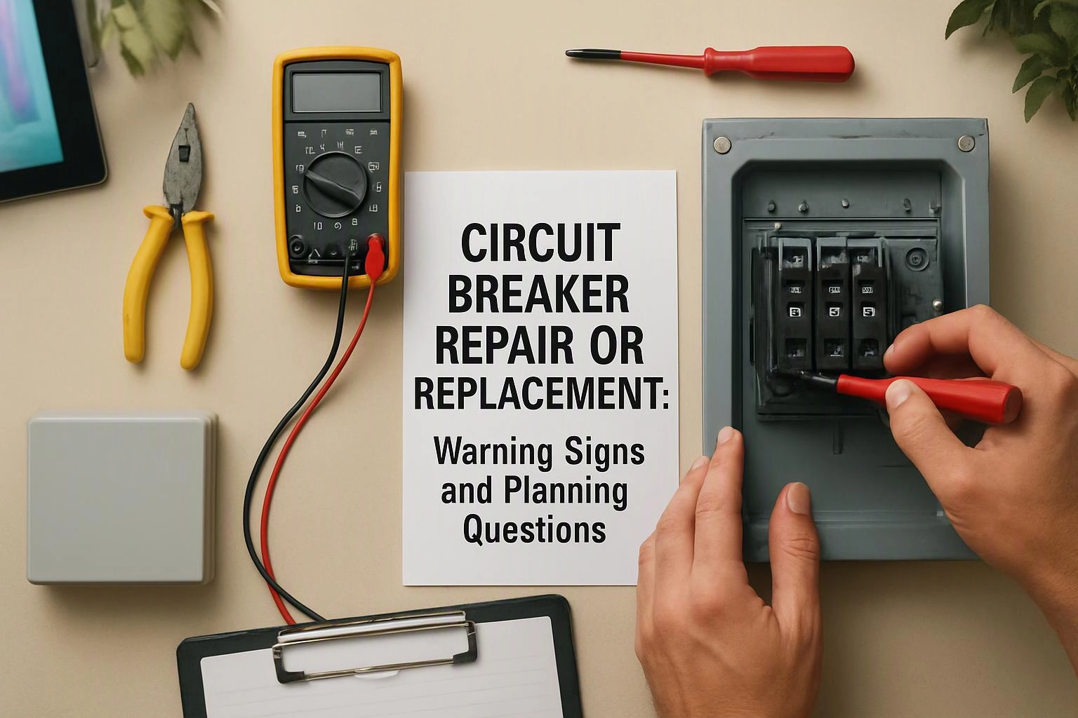 Aerial top-down flat-lay photograph of a clear visual metaphor illustrating what "Circuit Breaker Repair or Replacement
