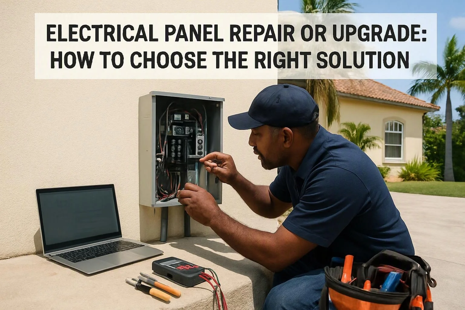 A technician inspects an open electrical panel beside a laptop and tools outside a house