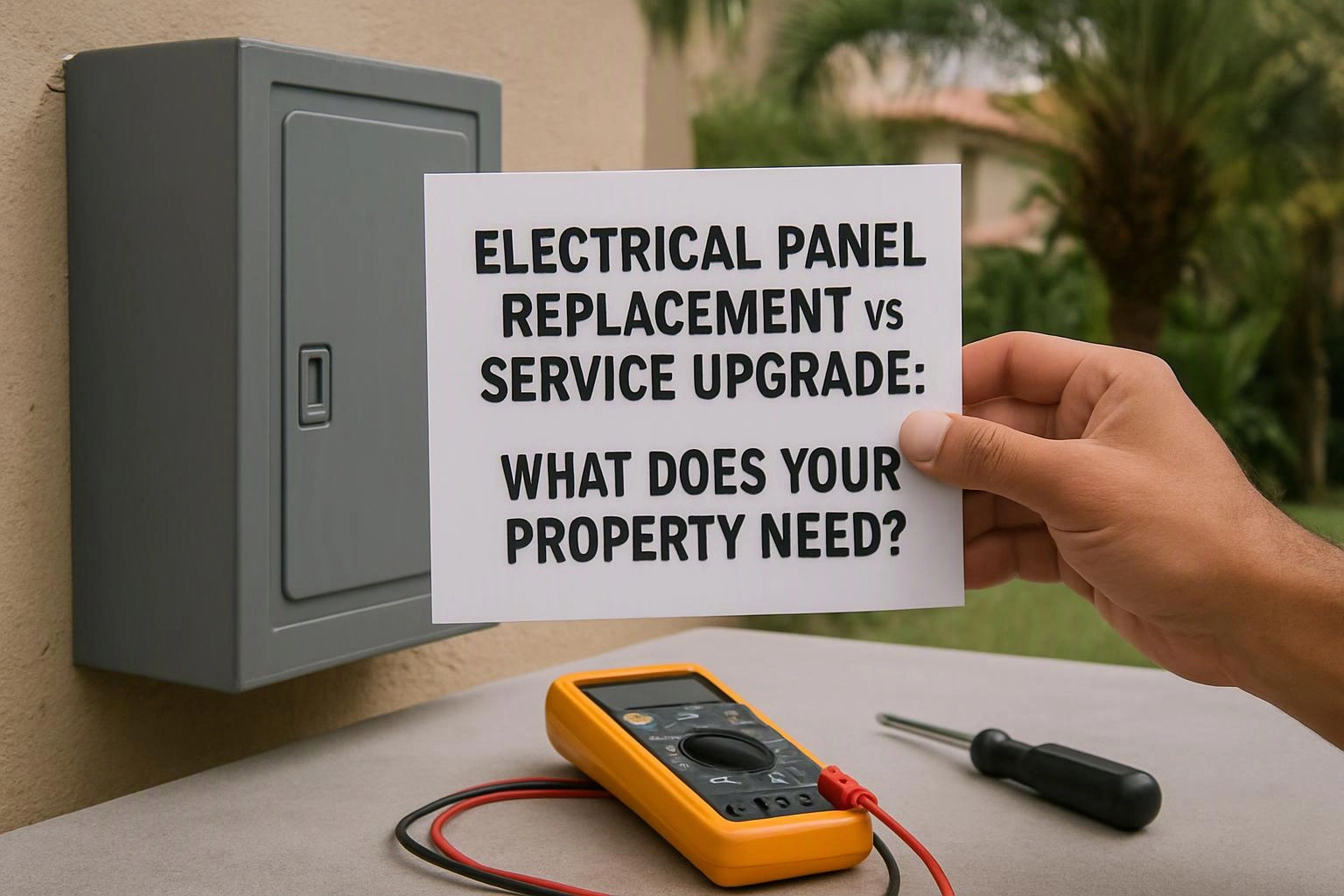 A hand holds a sign reading “ELECTRICAL PANEL REPLACEMENT vs SERVICE UPGRADE” beside a wall-mounted panel with tools below