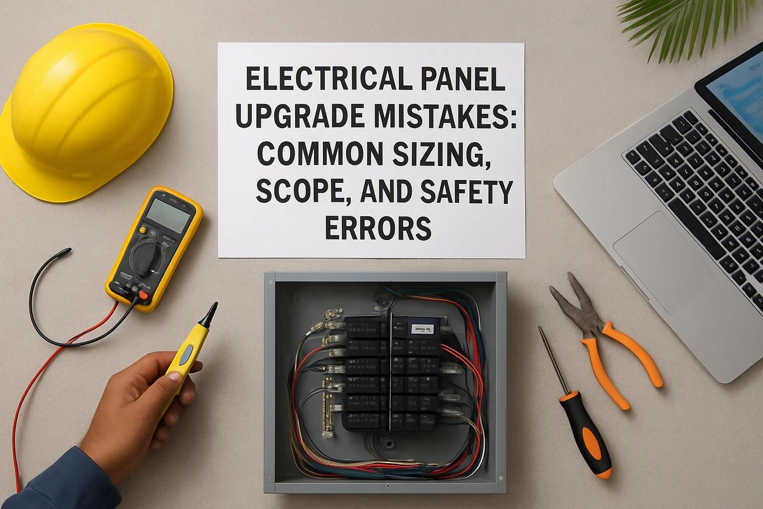 Aerial top-down flat-lay photograph of a clear visual metaphor illustrating what "Electrical Panel Upgrade Mistakes