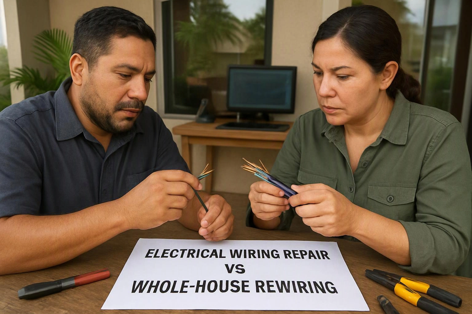 editorial documentary photograph of environmental still life in a real workspace where "Electrical Wiring Repair vs