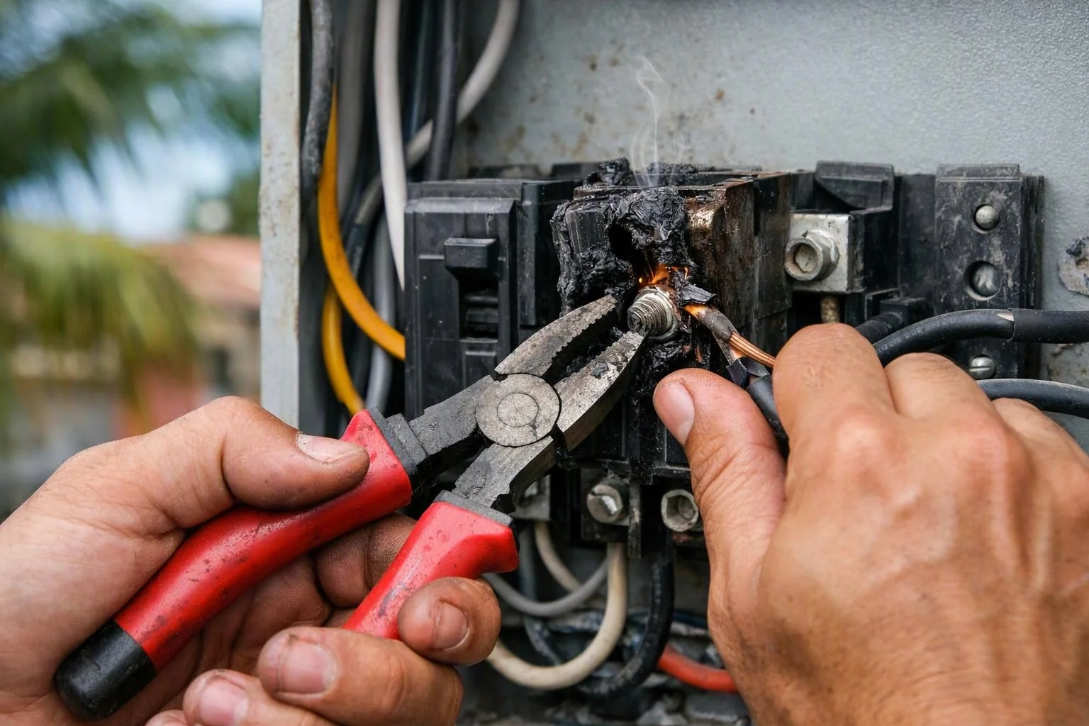 Hands use red pliers on a burned electrical breaker with smoke and exposed wires inside a panel