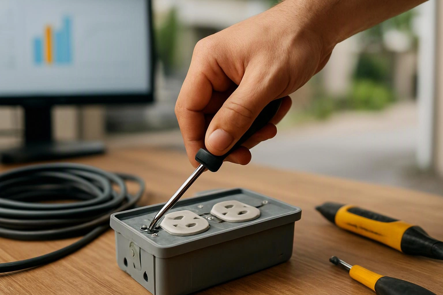 Photograph of a single hand reaching in from the frame edge in close-up documentary detail of tools, materials