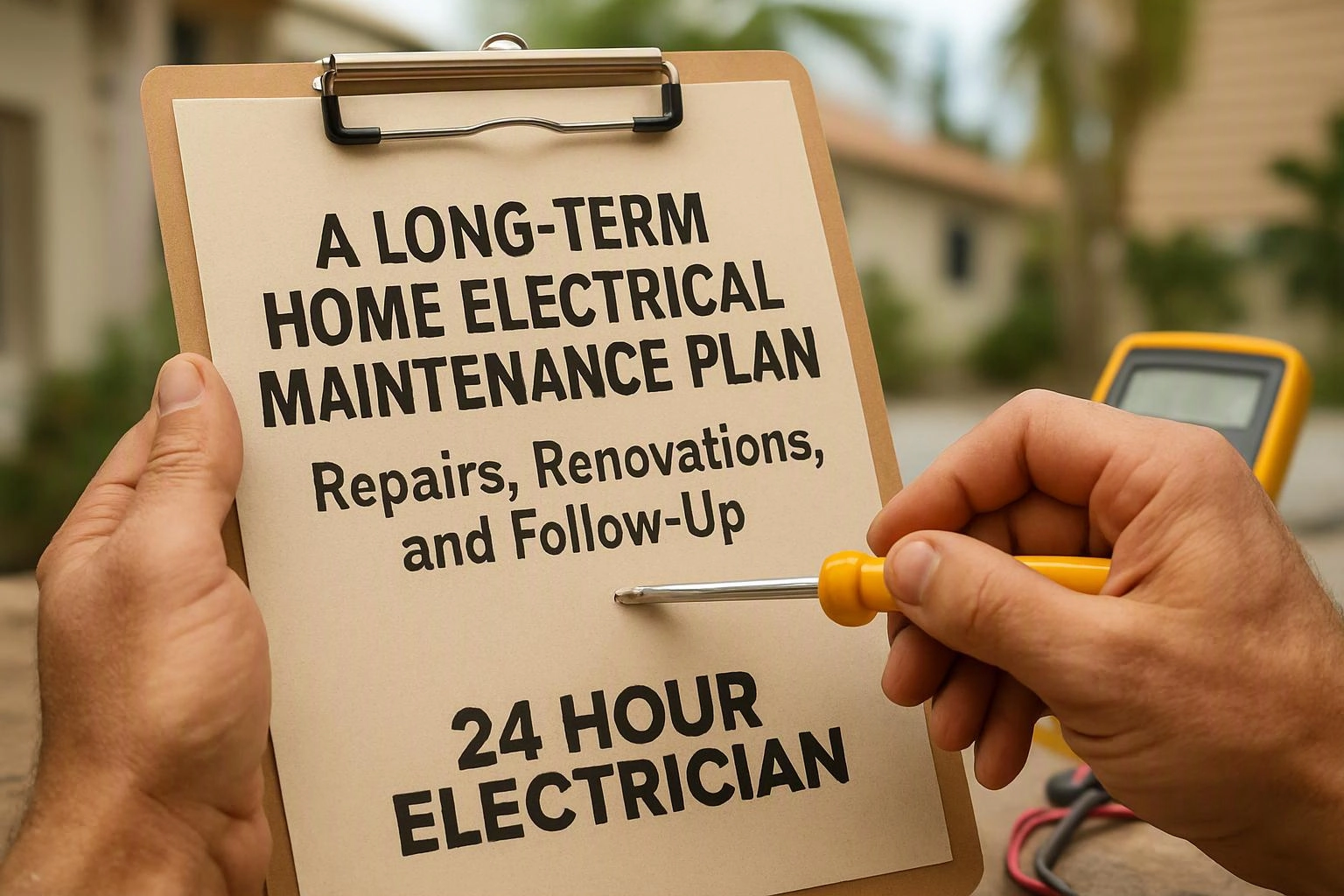 Macro product photograph of a clear visual metaphor illustrating what "A Long-Term Home Electrical Maintenance Plan: Repairs