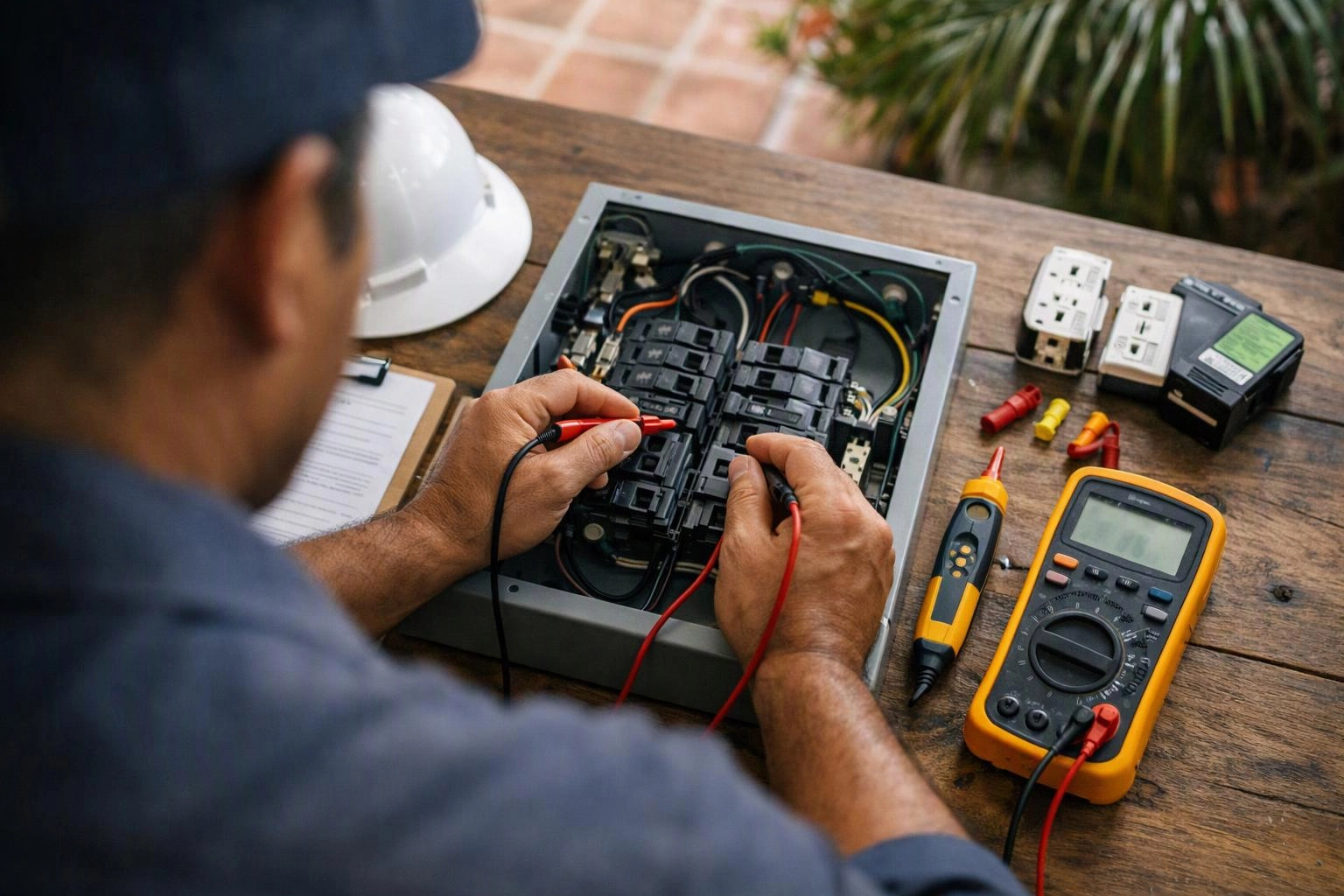 A worker tests an open electrical panel with probes on a wooden table, surrounded by tools and outlets