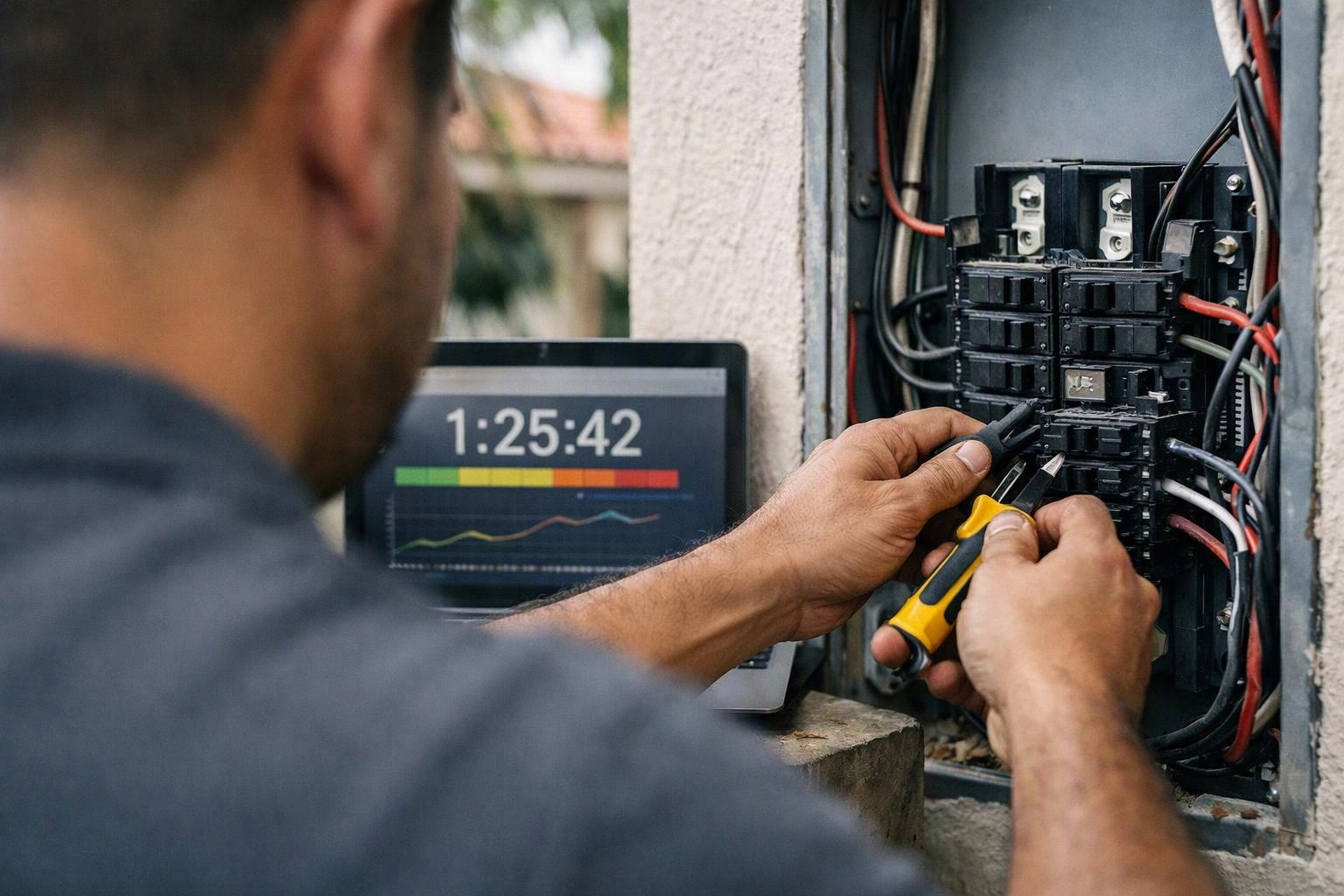A technician works on an open electrical panel beside a laptop showing a timer and graph