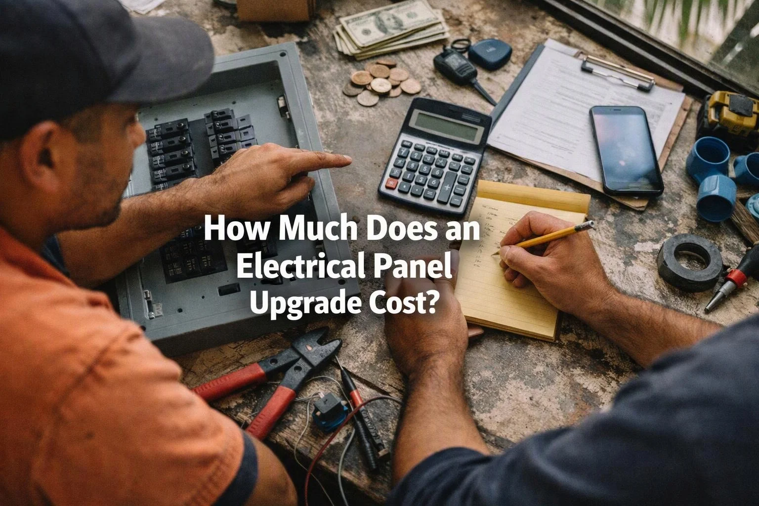 Two workers inspect an electrical panel and tools on a workbench, with a cost question overlaid on the image