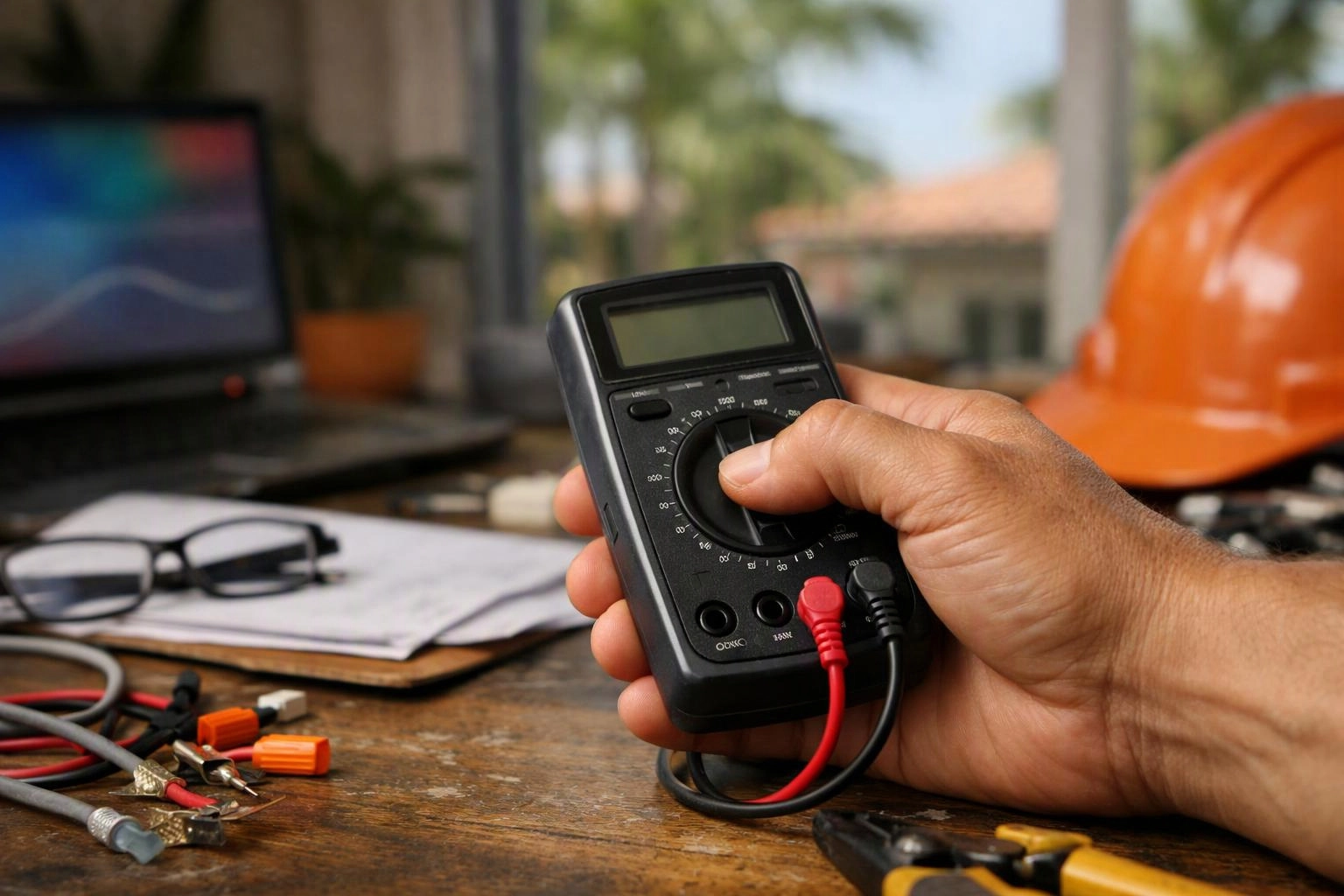 A hand holds a digital multimeter over a wooden desk with cables, tools, glasses, and an orange hard hat nearby