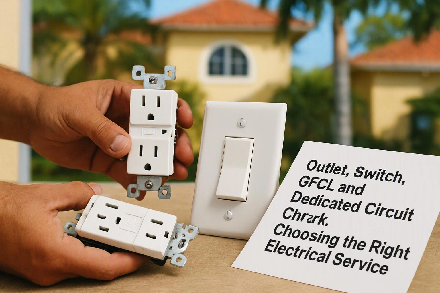 Hands hold two white electrical outlets beside a wall switch and a card with bold black text