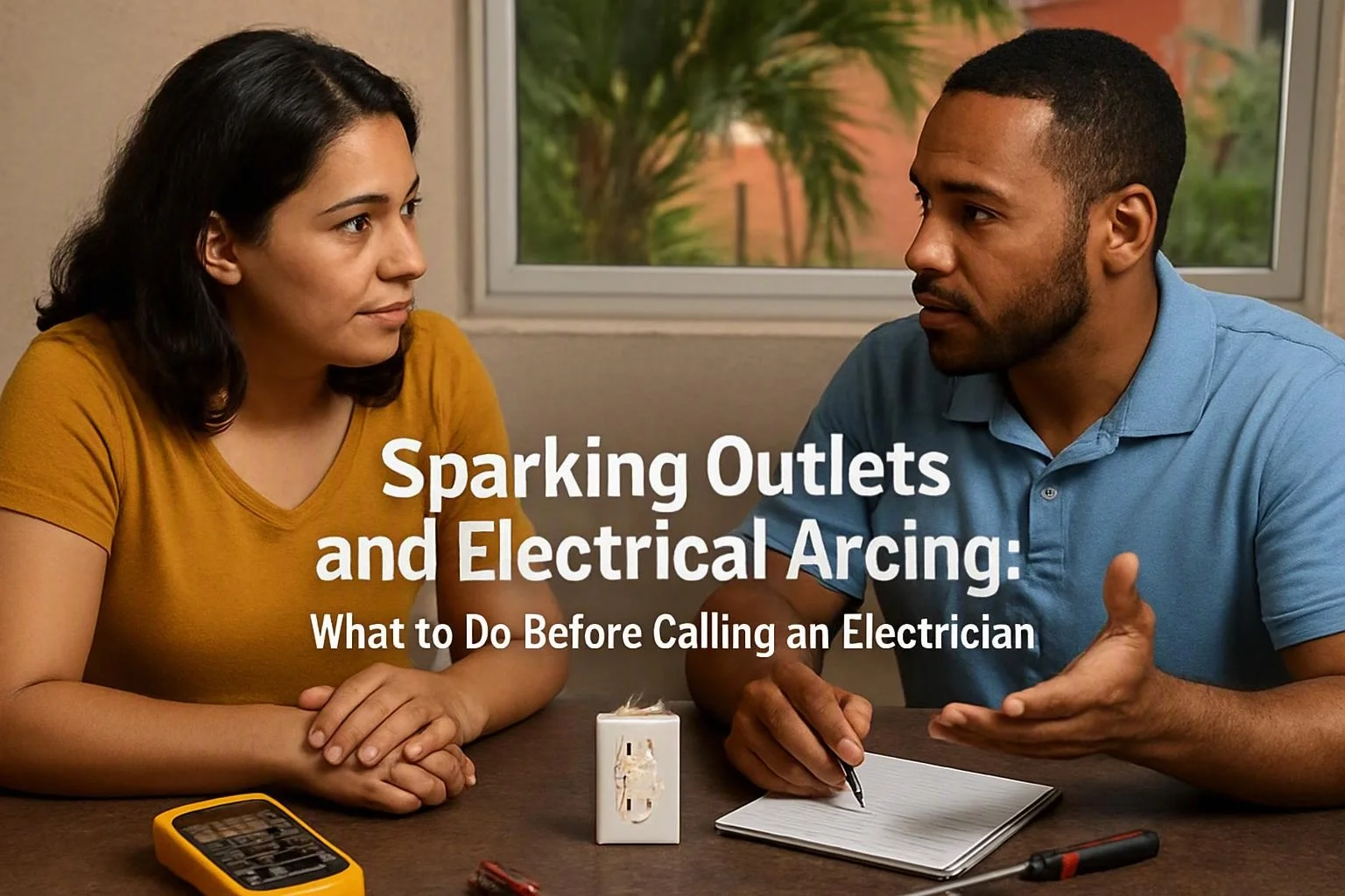 Two-person consultation photograph showing overhead flat-lay of items that represent "Sparking Outlets and Electrical Arcing