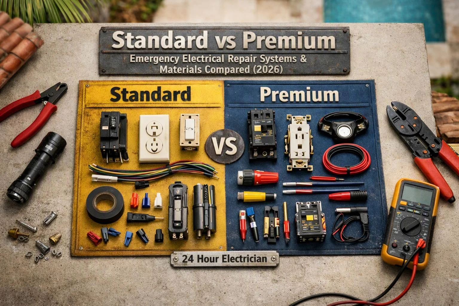 A tabletop display compares standard and premium electrical repair tools, with pliers, wires, outlets, meters