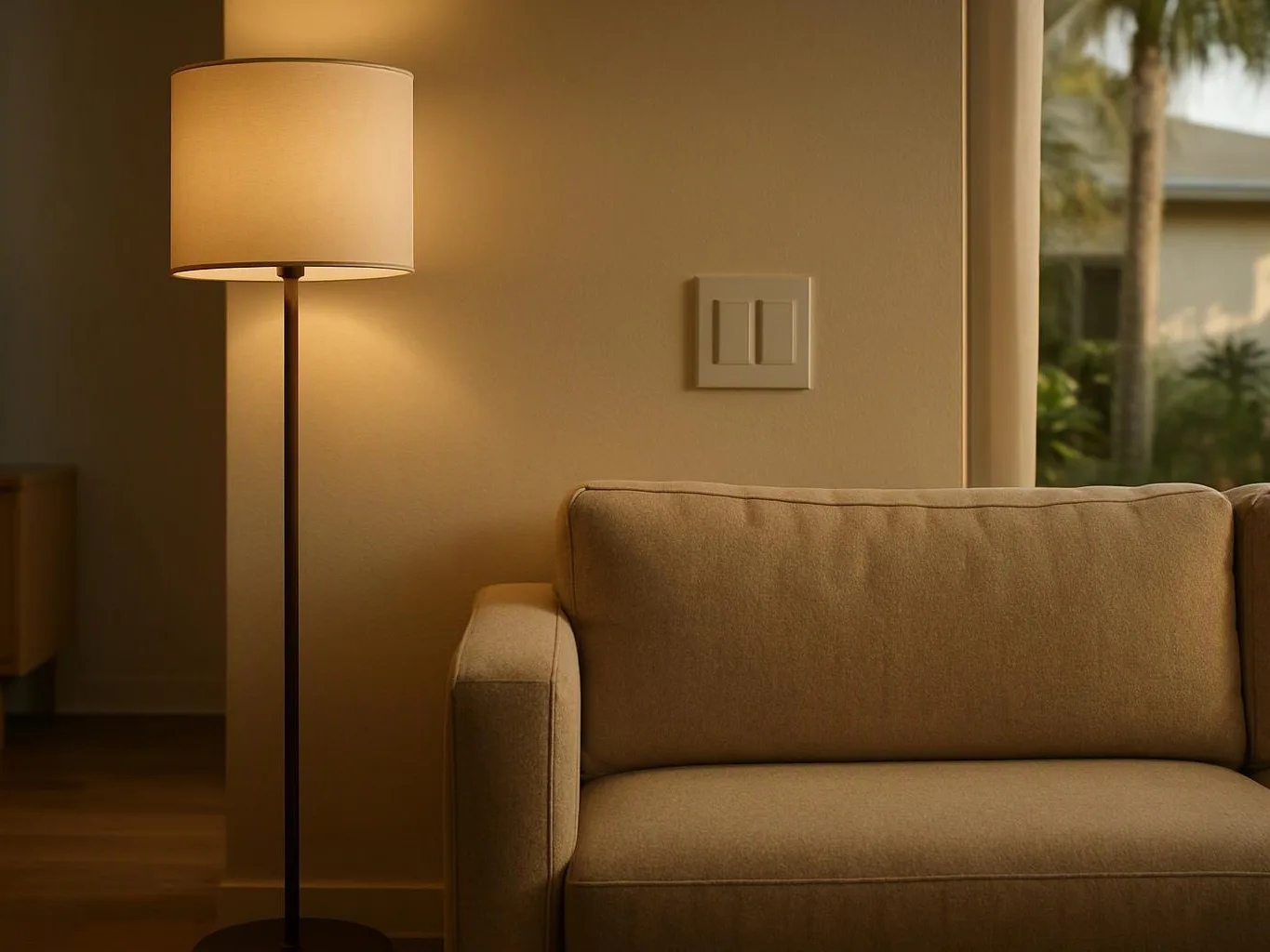 A beige couch sits beside a lit floor lamp in a softly lit living room
