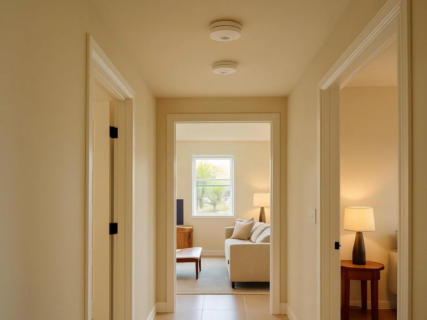 A beige hallway leads to a bright living room with a sofa, lamp, window, and coffee table