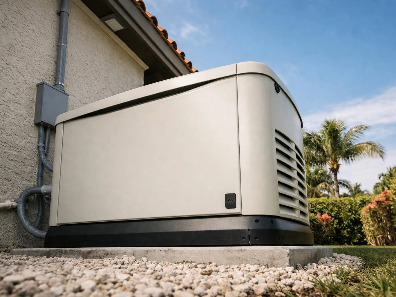 A beige home generator sits beside a stucco house under a blue sky with palm trees behind it
