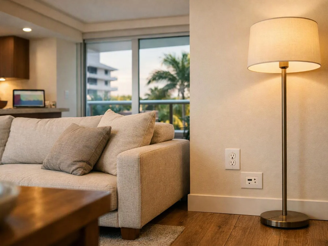 A beige sofa and floor lamp sit in a bright living room with a balcony view
