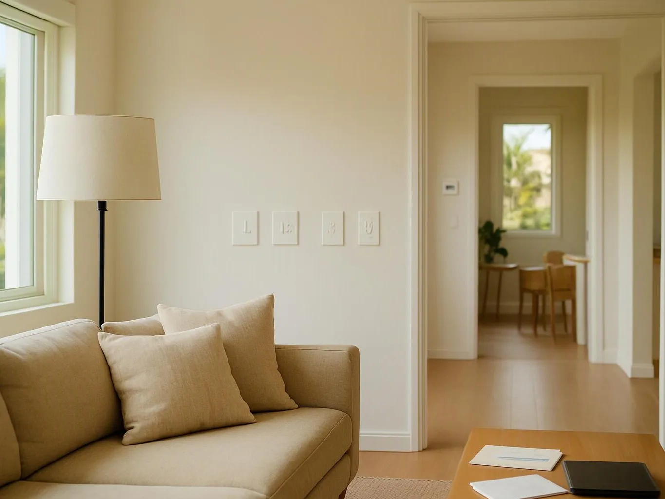 A beige sofa with pillows sits beside a floor lamp in a bright living room opening to a dining area