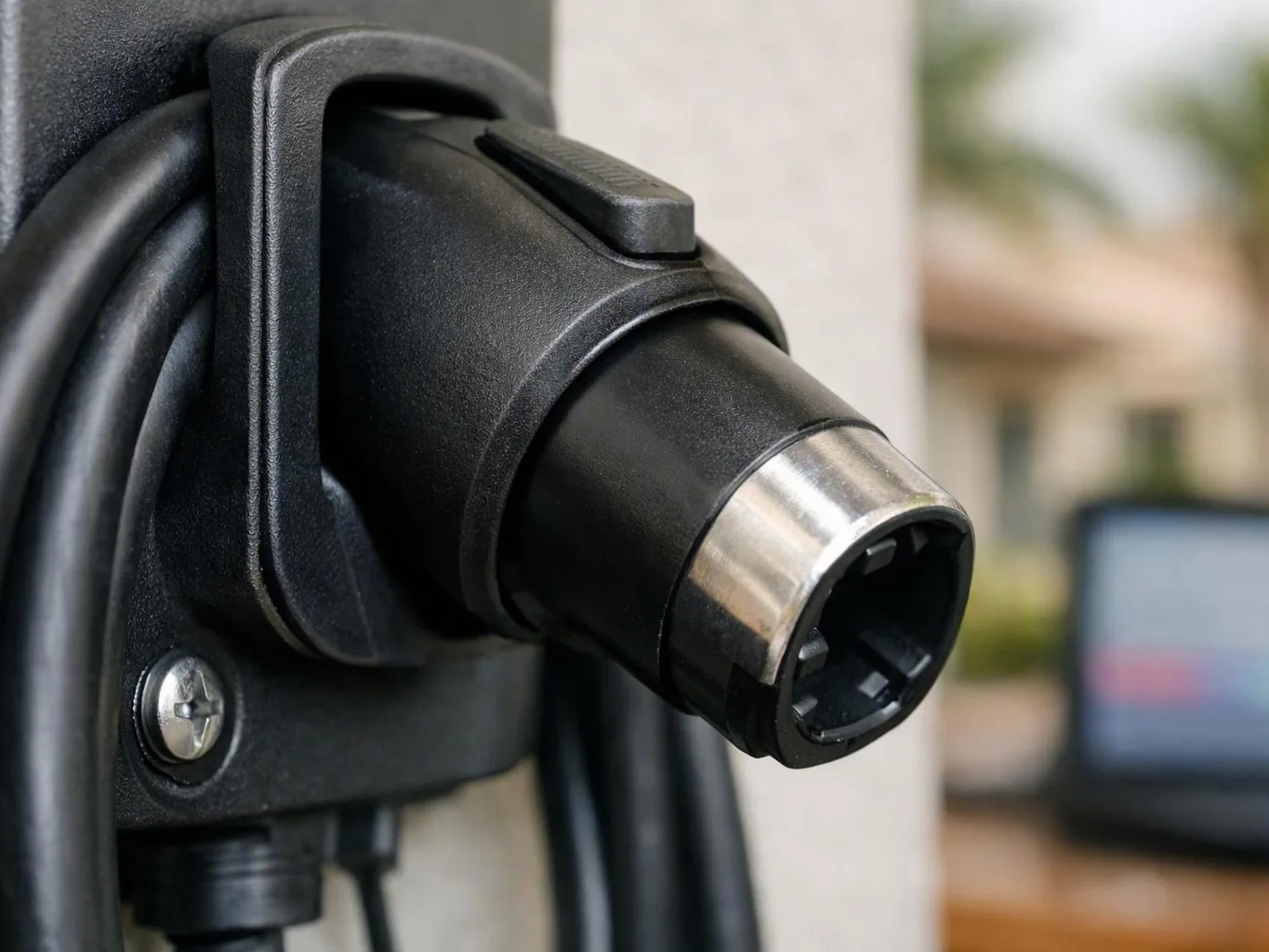 A black charging cable and connector hang from a wall-mounted holder indoors