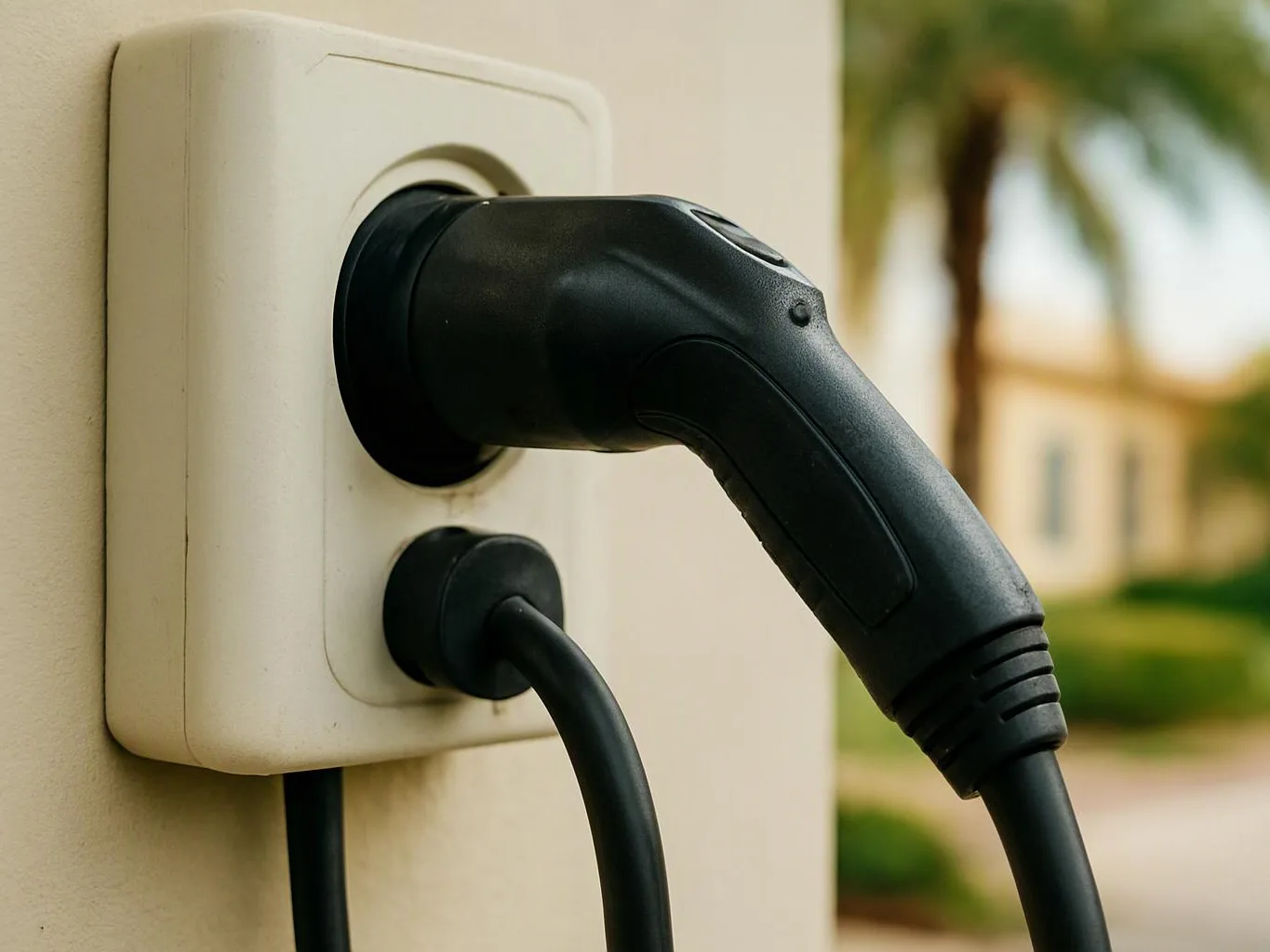 Black charging plugs are inserted into a white wall-mounted outlet box outdoors with a blurred house and palm tree behind it