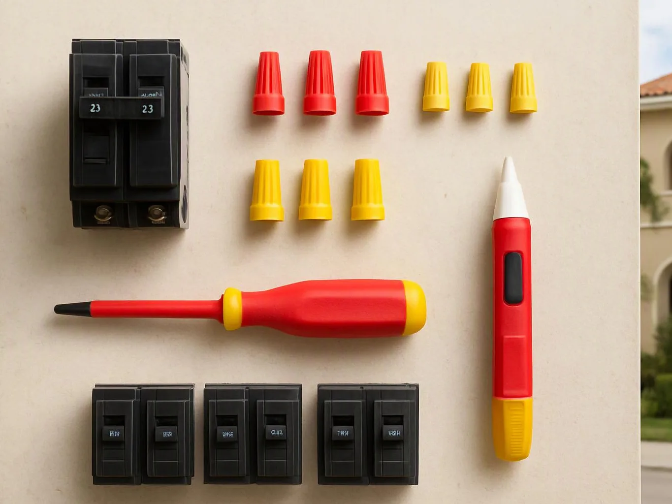 Black electrical breakers and red-yellow insulated tools are arranged neatly on a beige surface