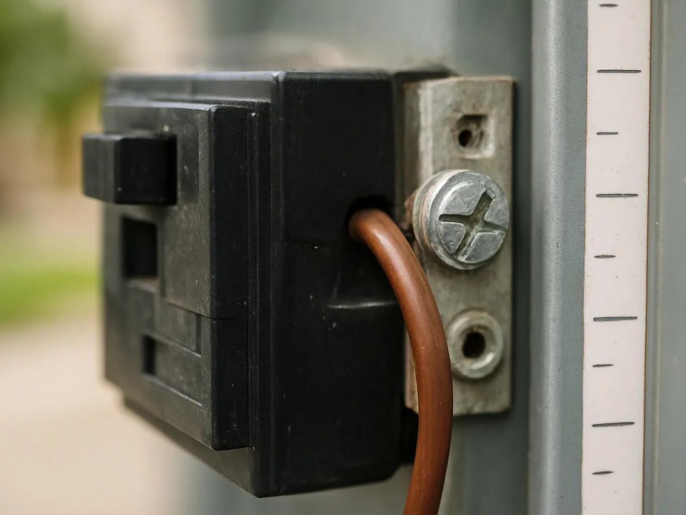 A black electrical component is screwed to a metal panel with a brown wire attached to it
