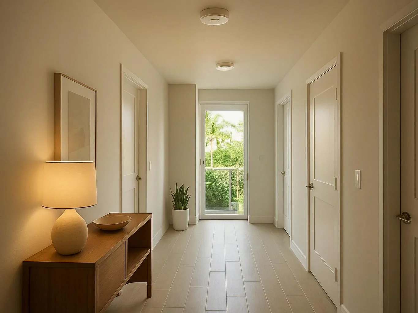 A bright hallway shows white doors, a lit table lamp, a potted plant, and a glass door with greenery outside