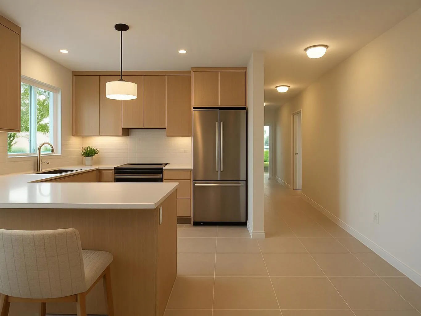 A bright modern kitchen with wood cabinets, stainless steel appliances, an island, and a hallway beside it