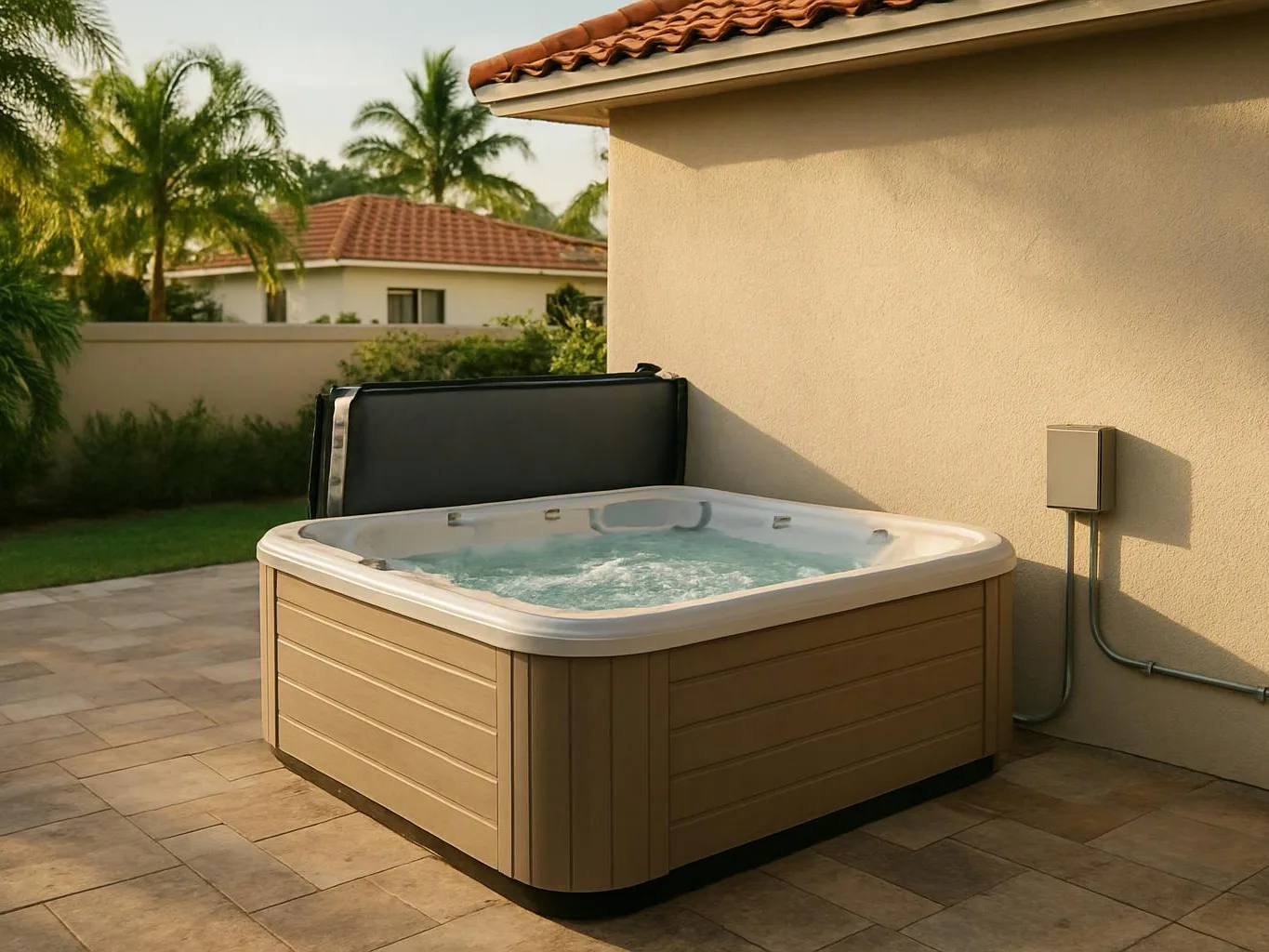 A bubbling hot tub sits on a tiled patio beside a beige house wall and palm trees