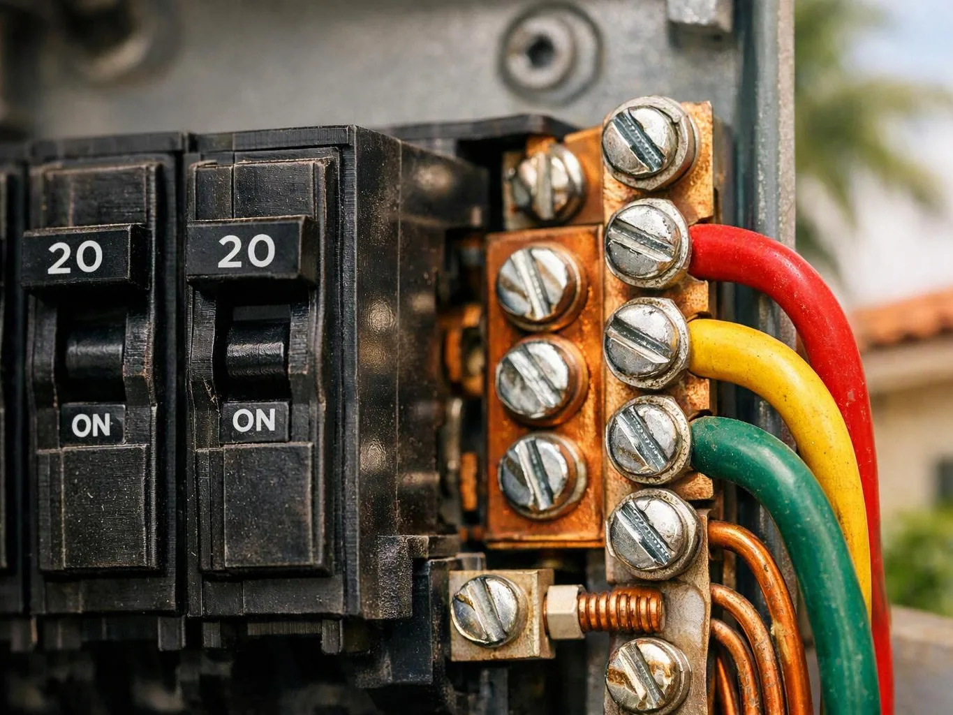 Close-up of circuit breakers and color-coded wires inside an electrical panel