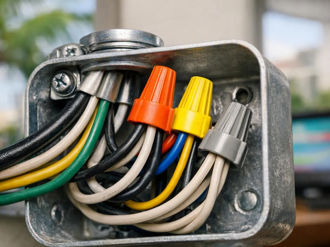 Close-up of electrical wires joined with orange, yellow, and gray wire nuts inside a metal junction box