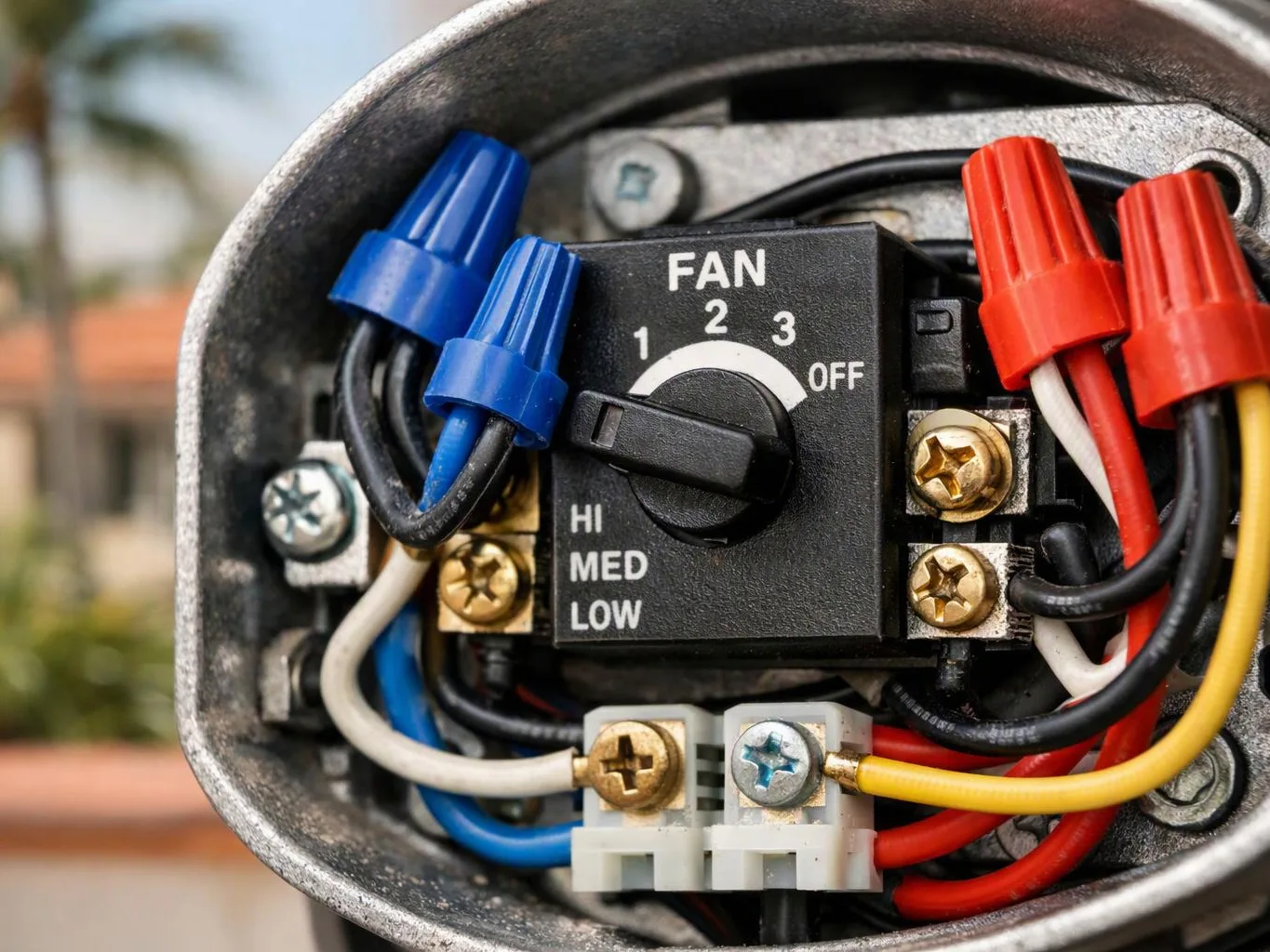 Close-up of a fan speed control switch inside a metal electrical box with colored wires and screws