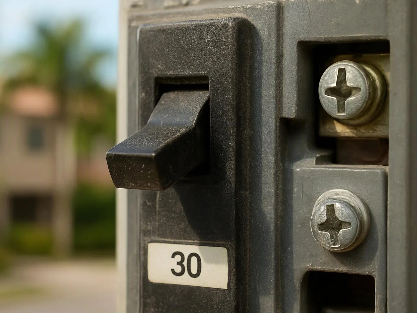 Close-up of a gray metal latch with screws and a numbered label, against a blurred outdoor background
