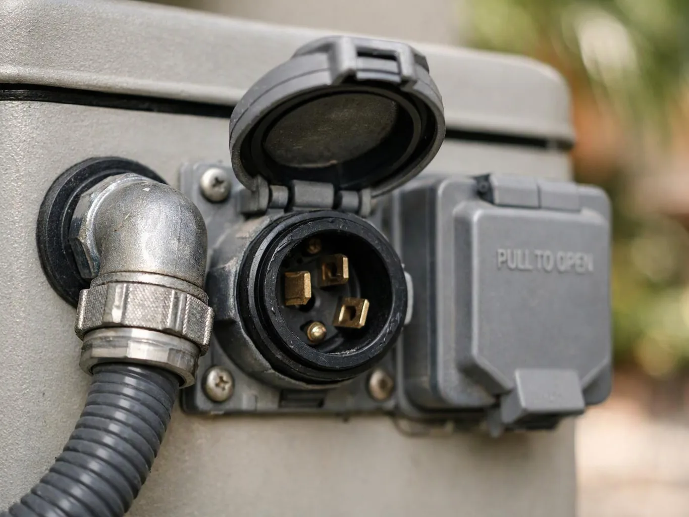 Close-up of a metal electrical connector with an open protective cover and attached cable on a box