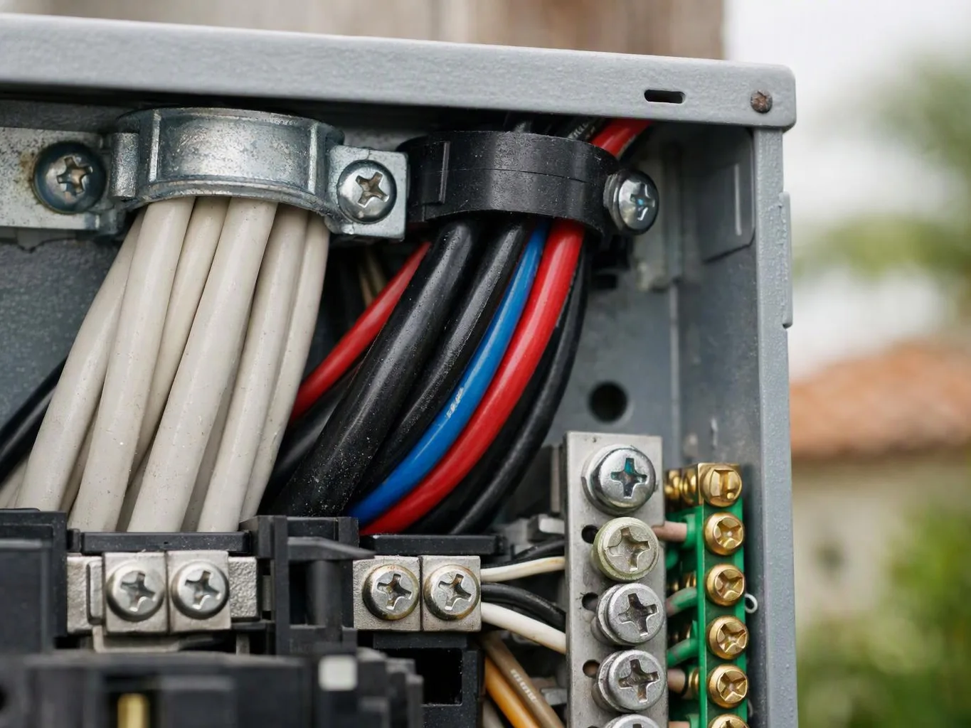 Close-up of an open electrical panel with bundled wires, metal clamps, screws, and terminal blocks inside a gray box