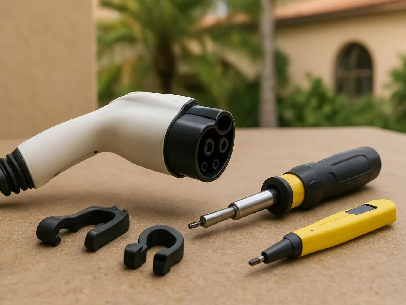 A close-up shows a charging plug, two screwdrivers, and small black plastic clips on a tabletop outdoors