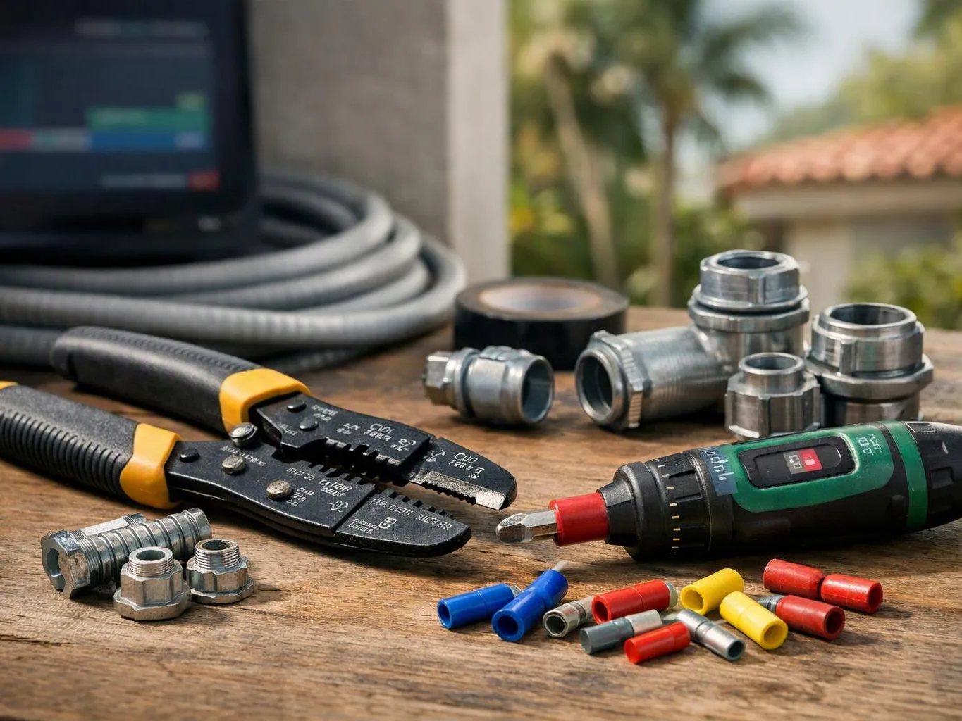 Crimping pliers, cable connectors, and a green handheld tool sit on a wooden table outdoors