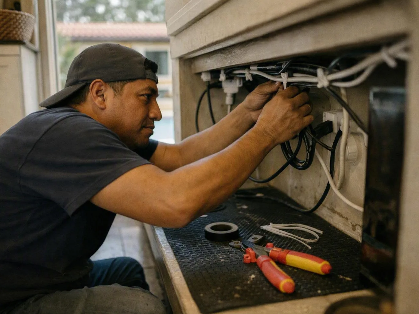 Electrician kneeling beside a wall panel while repairing cables with hand tools