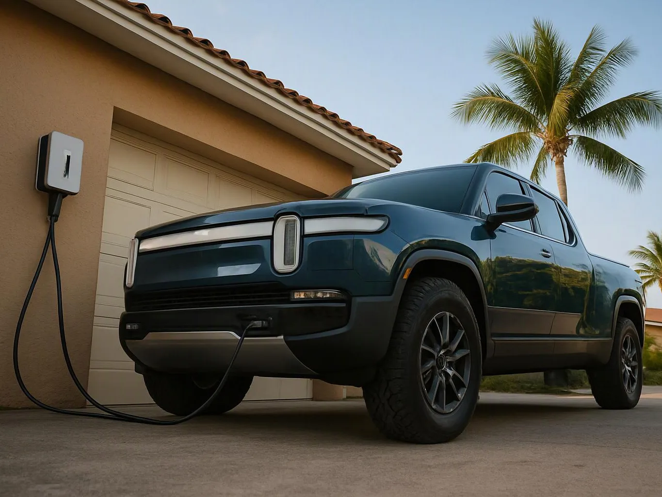 A dark electric pickup truck charges beside a garage under a palm tree in a driveway