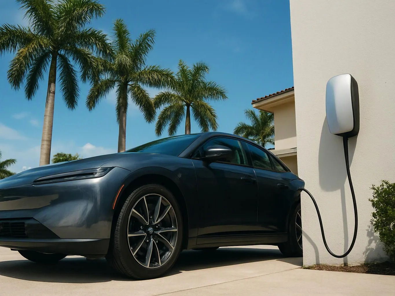 A dark electric SUV is parked beside a wall-mounted charging unit under palm trees on a sunny driveway