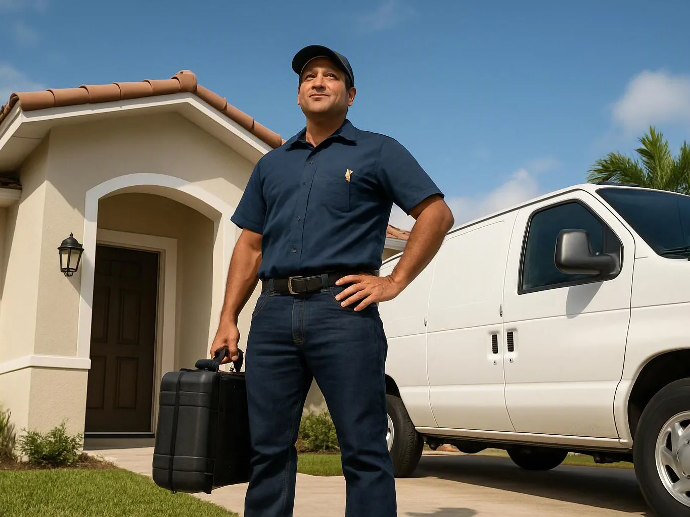 A delivery worker stands outside a house beside a white van, holding a black case and posing on the driveway