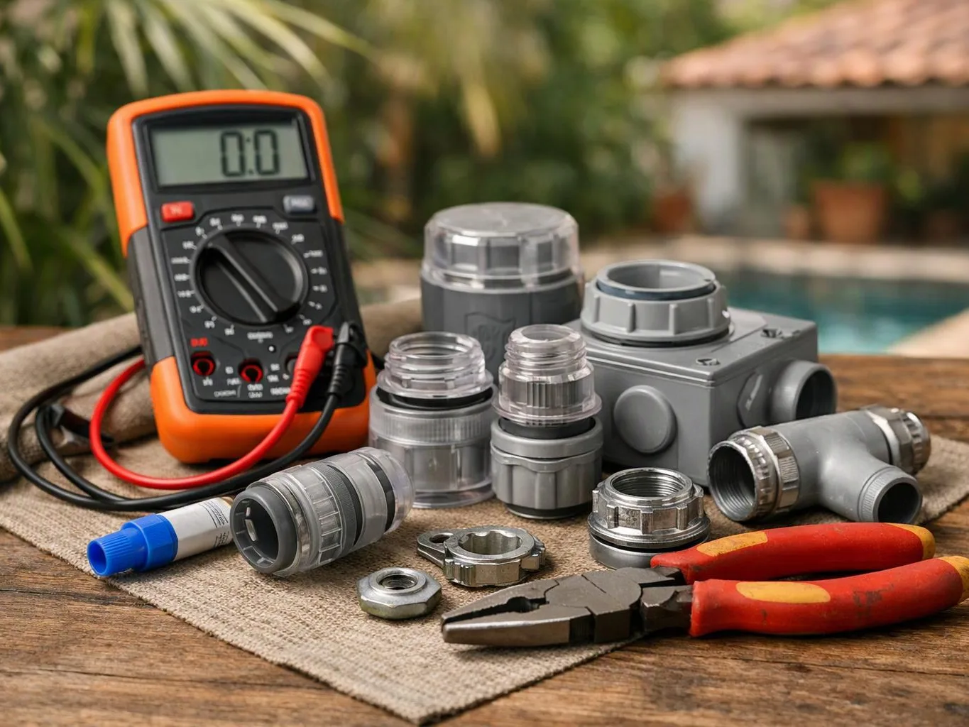 A digital multimeter and electrical conduit fittings sit with pliers on a wooden table outdoors