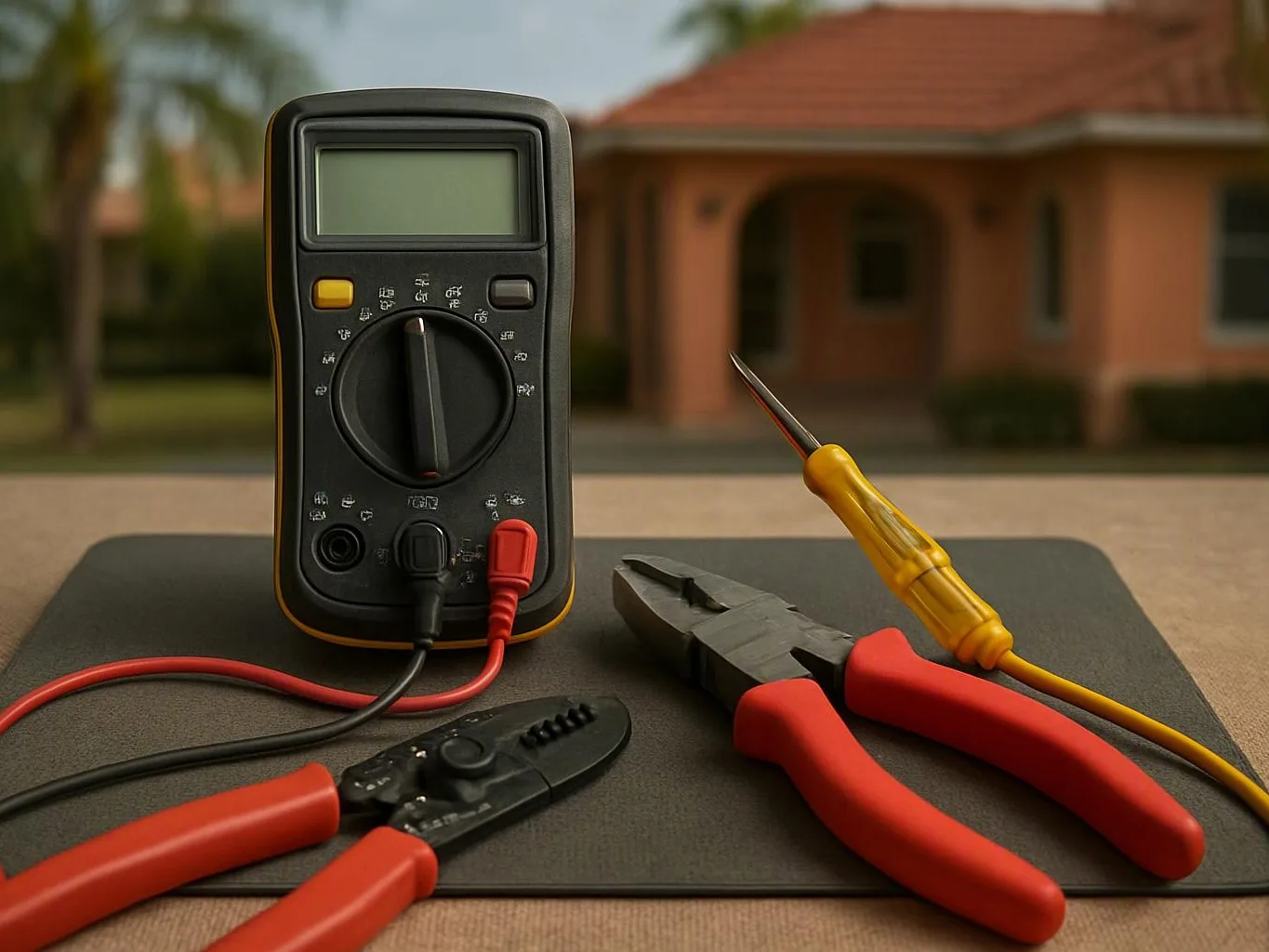 A digital multimeter and several hand tools rest on a mat in front of a blurred house porch