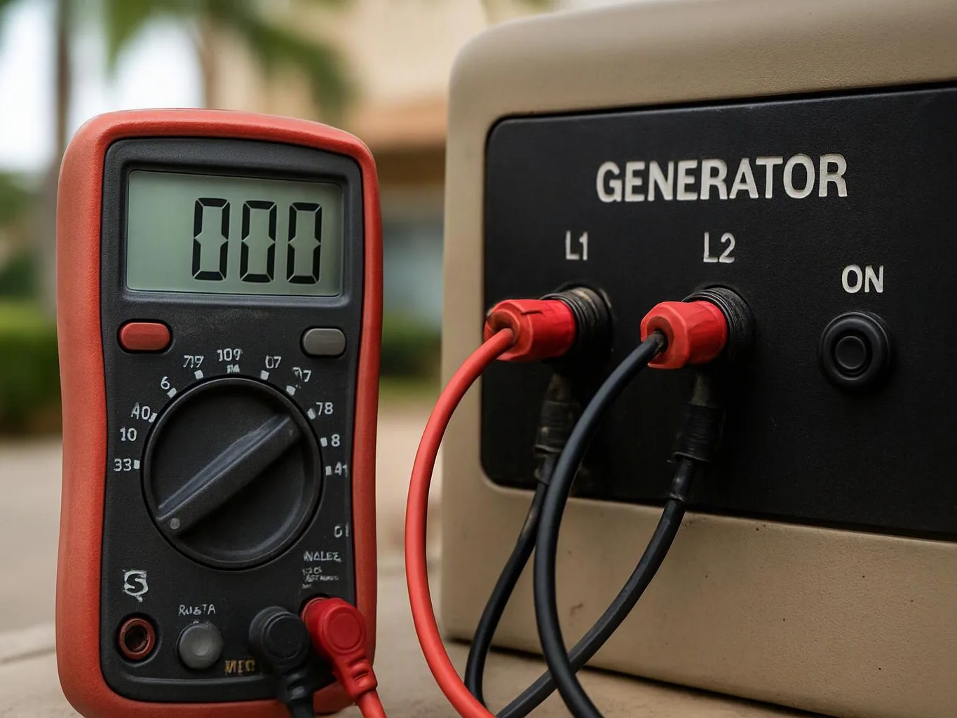 A digital multimeter sits beside a generator panel with red and black cables plugged into labeled ports