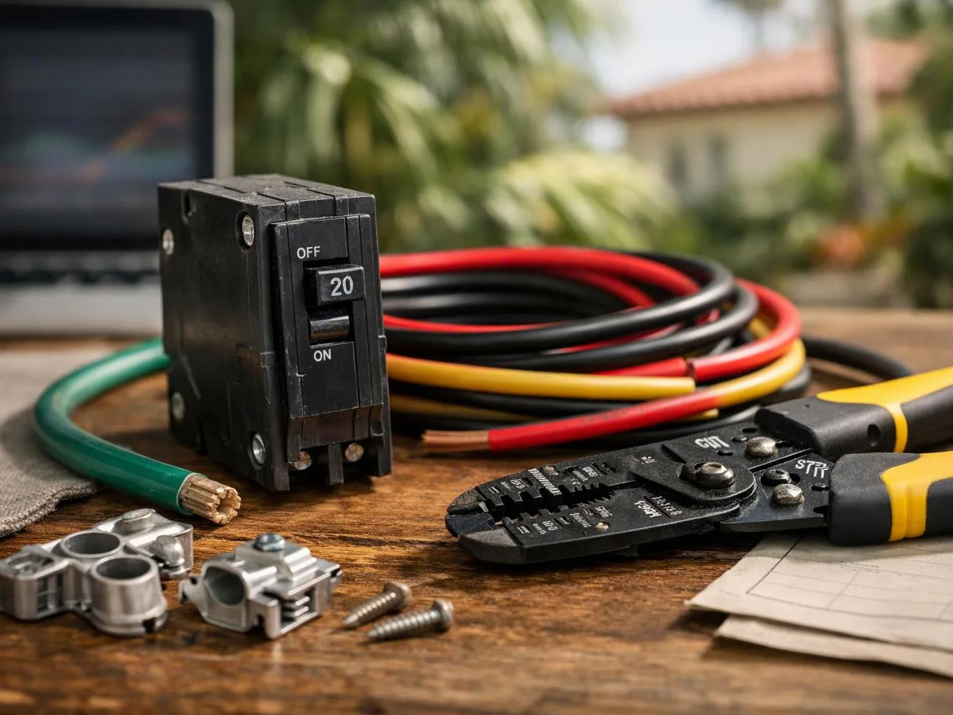 An electrical breaker, colored wires, pliers, connectors, and screws sit on a wooden workbench outdoors