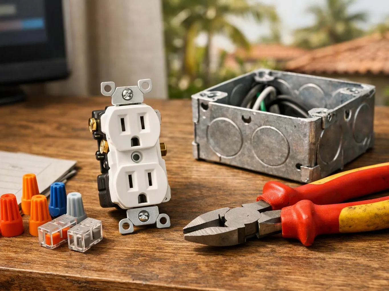 An electrical outlet, wire connectors, pliers, and a metal junction box sit on a wooden workbench outdoors