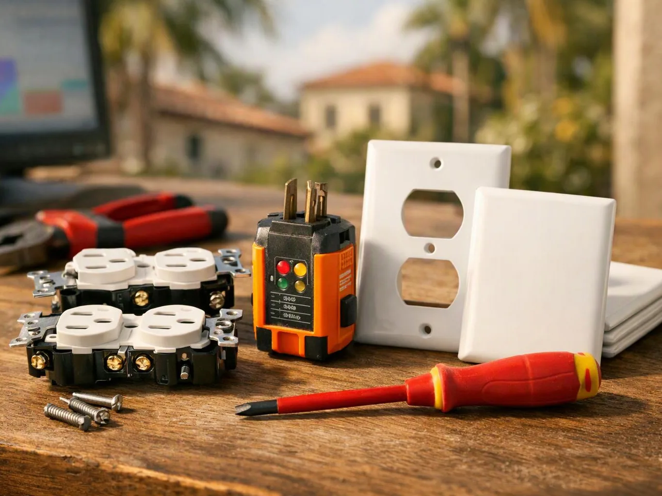Electrical outlets, switches, screws, and screwdrivers are arranged on a wooden table outdoors