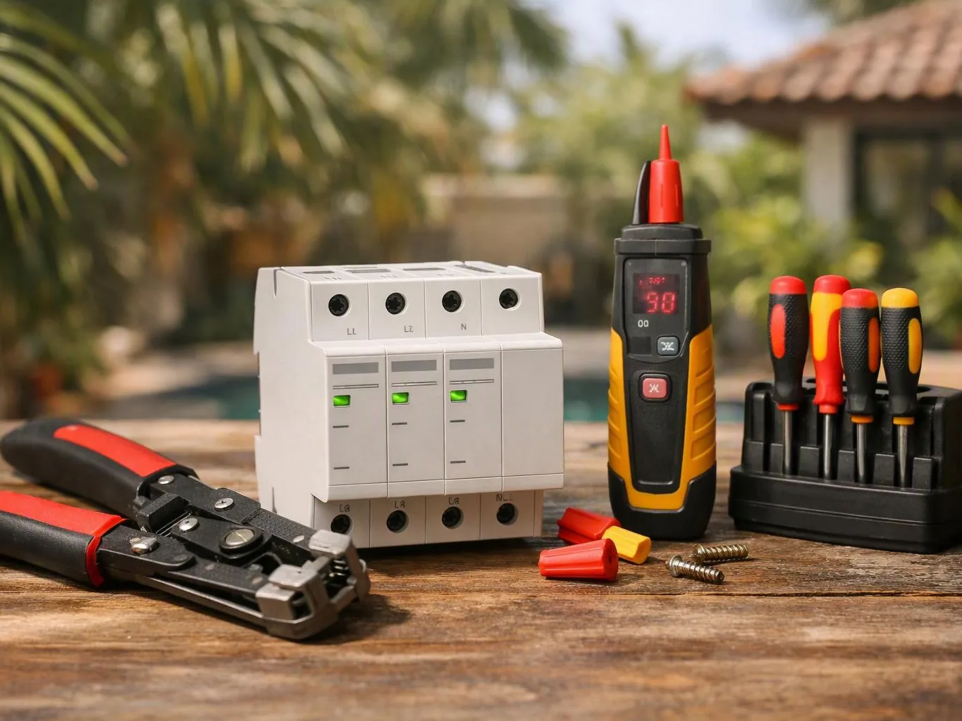 Electrical tools and a white circuit module sit on a wooden table outdoors